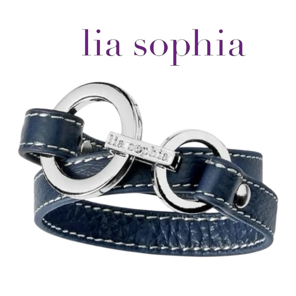 Lia Sophia Navy‎ Blue Leather Wrap Star Double Bracelet
